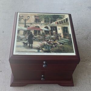 Wood Finish Jewelry Box with Scenic Tile Top - Brown